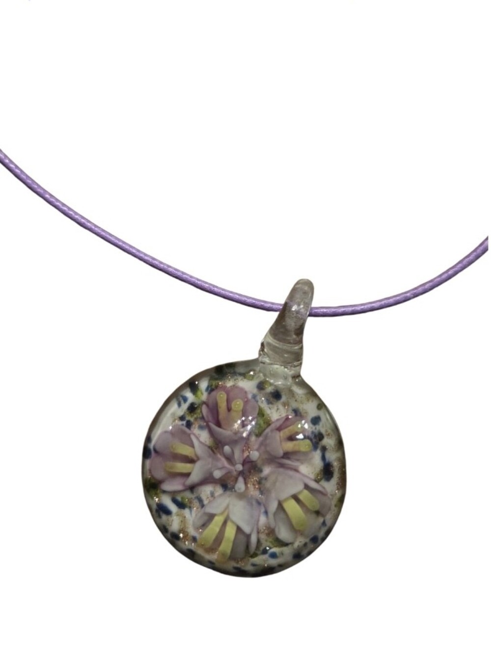 Glass Floral Pendant Necklace - Purple